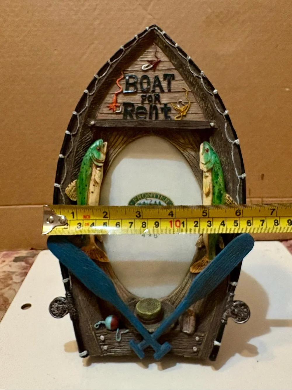 Rowboat Shape Photo Frame 3D Blue Green Brown A-Frame Vintage Look Fisherman
